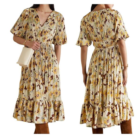 New Polo by Ralph Lauren Buttercup Satin Floral Plissé Pleated Midi Dress Sz 4 - Picture 1 of 13